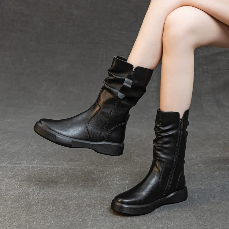 DRKANOL Fashion Women Boots Autumn Winter Plush Warm Mid Calf Round Toe Zipper Pleated Thick Bottom Leather Cotton 250117