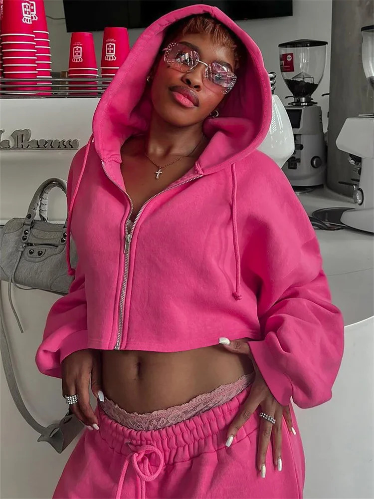Weird Puss Casual Sporty 2 Piece Set Women Hooded Cardigan Crop JacketDrawstring Straight Pants Solid Simple Classic Tracksuit 250122