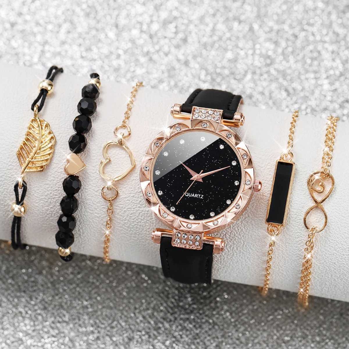 6PCS/Set Wens Fashion WATCH Set Simple Dial Leather Quartz WATCH With Bracelet X250203
