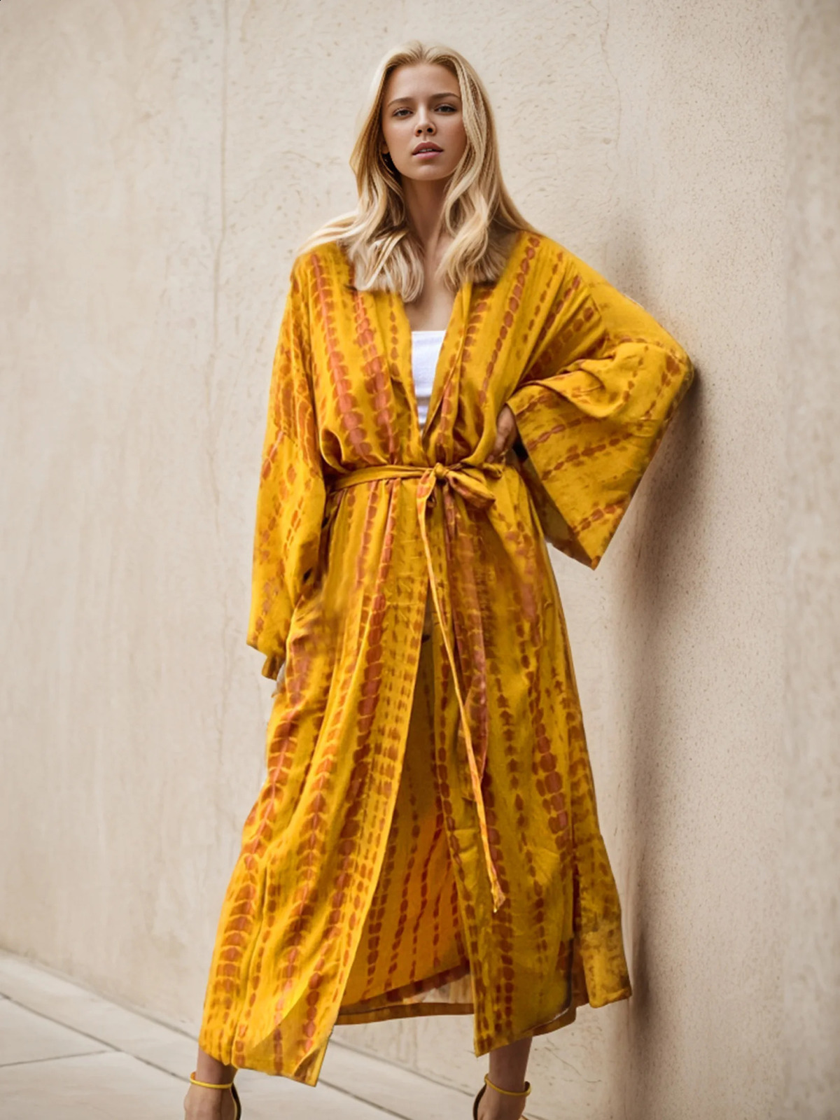 2024 vacation sexy swimsuit cover bohemian tie dye printed waistband kimono cardigan womens dress oversized beach casual wear 250122