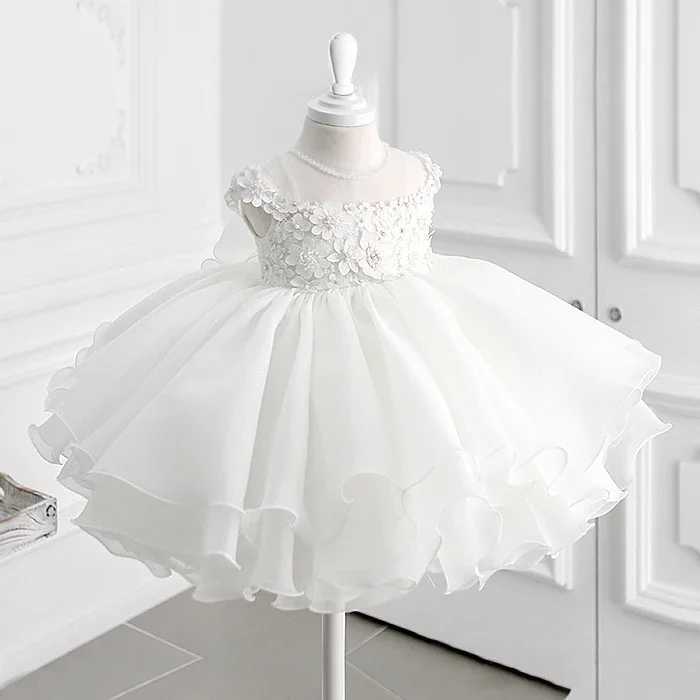 White bead baby shower dress with lace decal communion childrens birthday party wedding dress baby shower dress X250203