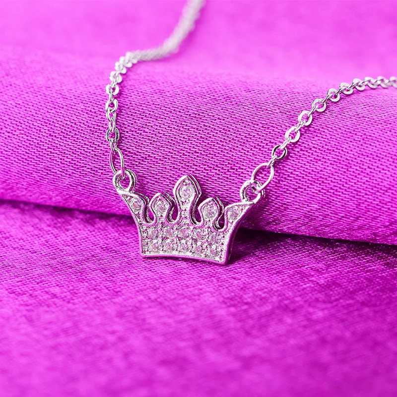 Real 925 Sterling Silver Crystal Crown Charm Pendant Choker Necklace For Girl Women Wedding Statement Female Jewelry GiftXJ250114