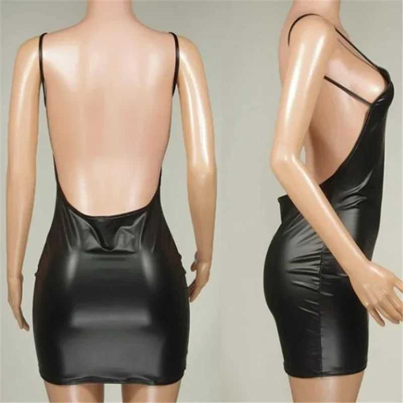 Sexy Faux Leather Dress Backless Club Party Short Dresses Solid Black Wet Look Latex Bodycon Push Up Bra Mini Micro DressXJ250115