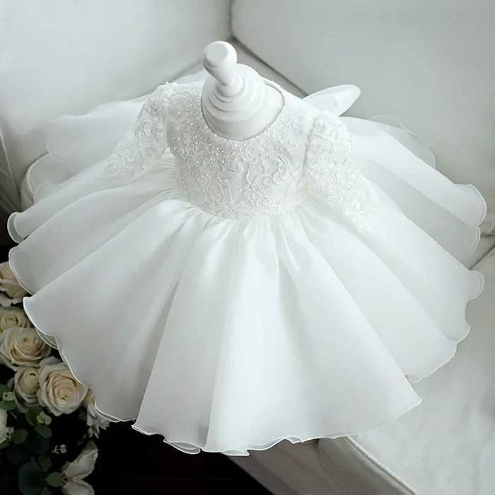 Sparkling White First Baby Girl Birthday Dress Long Sleeve Newborn Girl Baptist Dress Grid Princess Party Ball Dress X250203