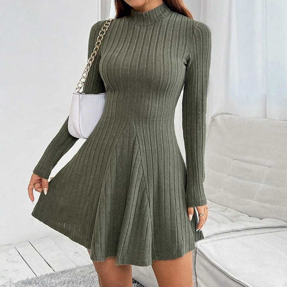 Mia se Womens Dresses Fall Winter Simple Solid Color Long Sve Mock Neck A Line High Waisted Flare Hem Casual Short DressesXJ250115