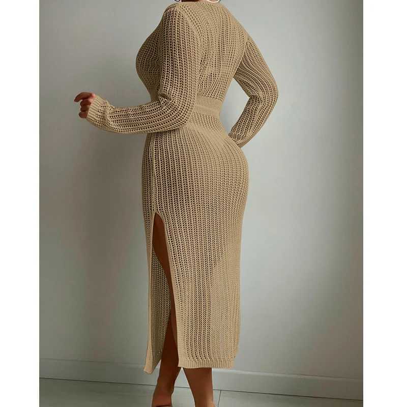 Long Sleeve Deep V Knit Dr Sarong Boho Beach Cover up Summer Crochet Bikini Cover-ups Side Slit Swimwear Women Swimsuit W250120
