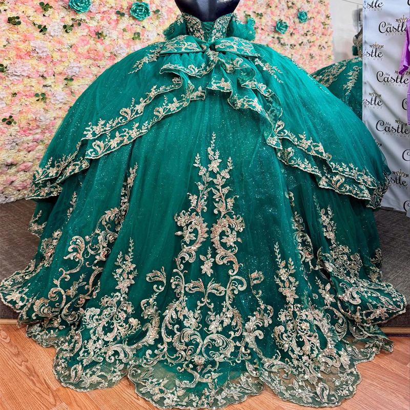 Green Quinceanera Dresses Ball Gown Off The Shoulder Applique Lace Beading Crystal Tull Party Birthday Sweet 16 Dress Vestidos 15 Anos