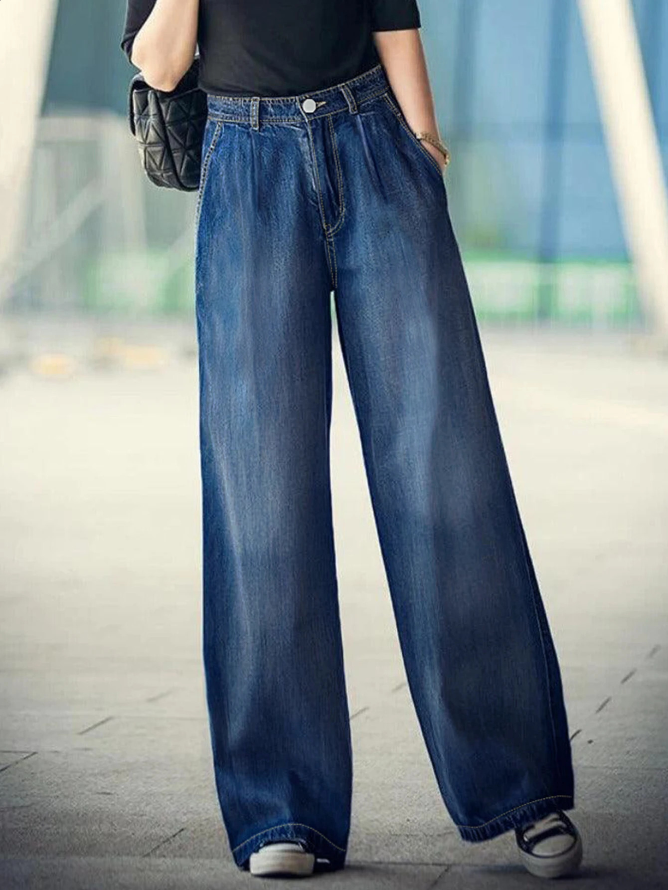 Womens Loose Wide Leg Jeans High Rise Straight Korean Trousers Relaxed Fit Stitching Mopping Denim Pants 250120