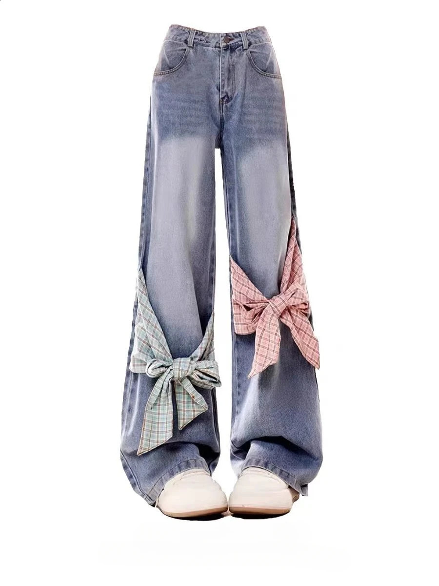 American retro gothic checkered patchwork women jeans with bow tie and loose bandwidth Y2k streetwear wide leg pants 250121