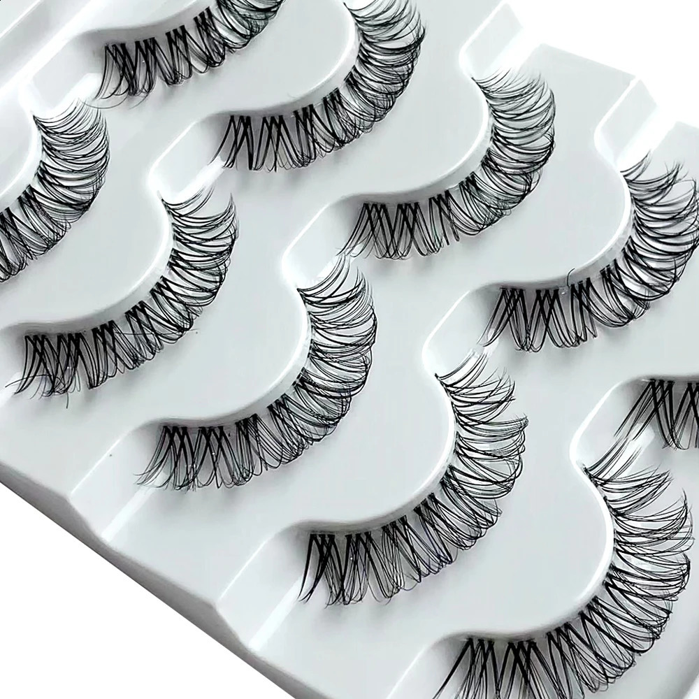 5Pairs Natural Look Wispy Fluffy D Curl Eyelash Extension False Eyelashes Clear Band Russian Strip Lashes 250110