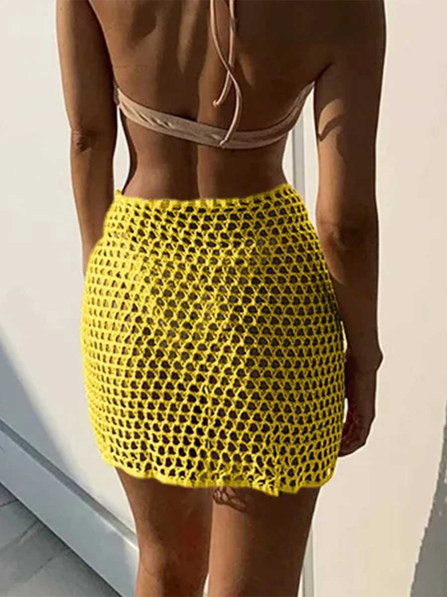 Women Beach Skirt Hollowed Solid Black White Yellow Green Knitted Mini Skirt For Women Summer Vacation Seaside Cover-Up Skirt W250120