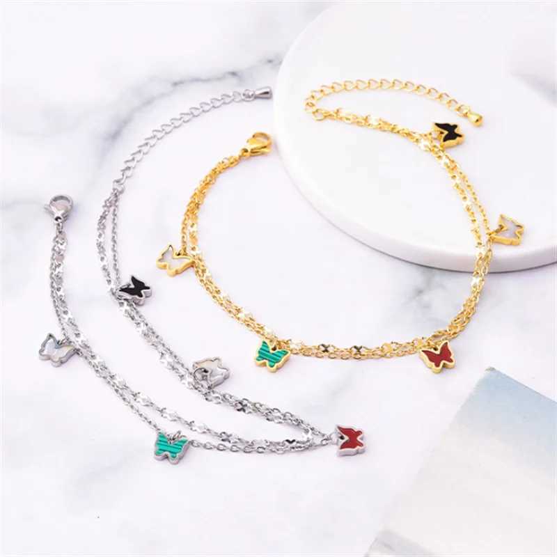 316L Stainl Steel New Fashion Jewelry 2 Layer Embedded In Natural Shells Hang 5 Butterflies Charm Chain Anklets For WomenXJ250121