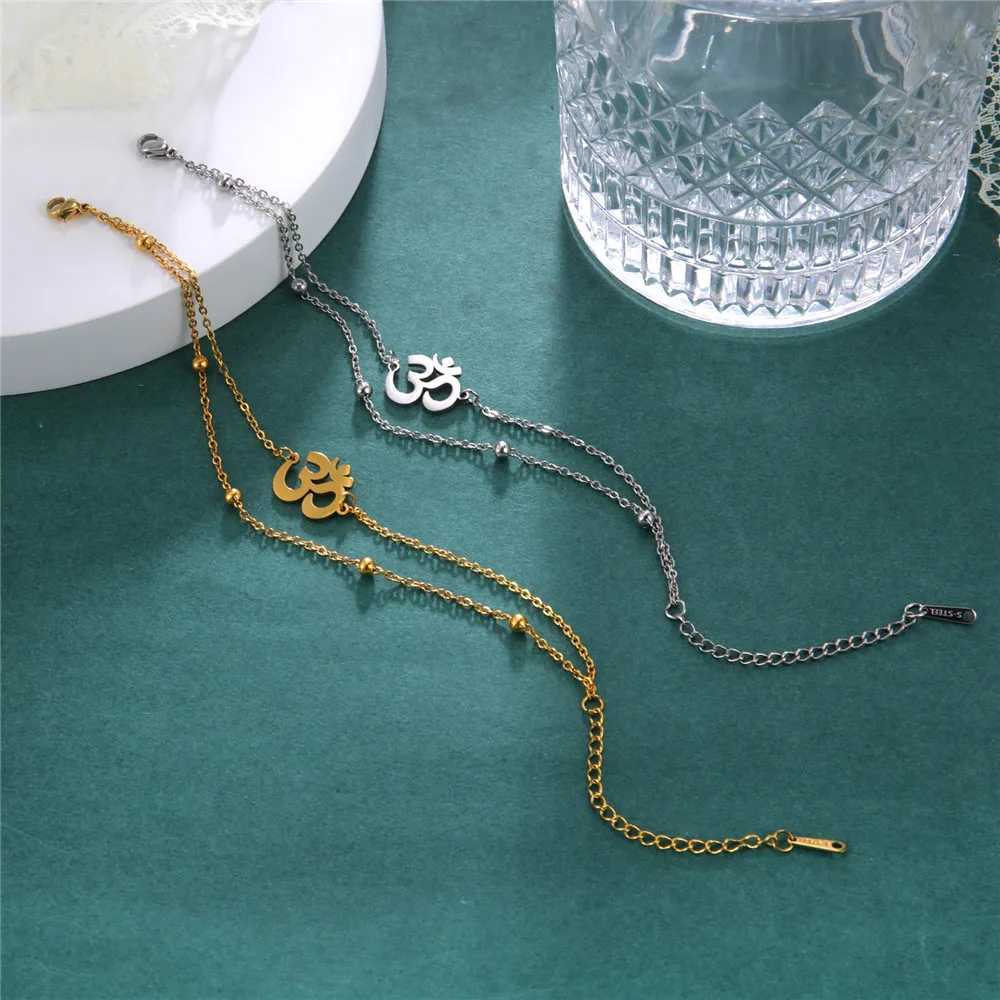 Skyrim Indian Buddhism Yoga OM Anklet Women Stainl Steel Double Layer Beads Chain Ankle Bracelet Amulet Summer AccoriesXJ250121