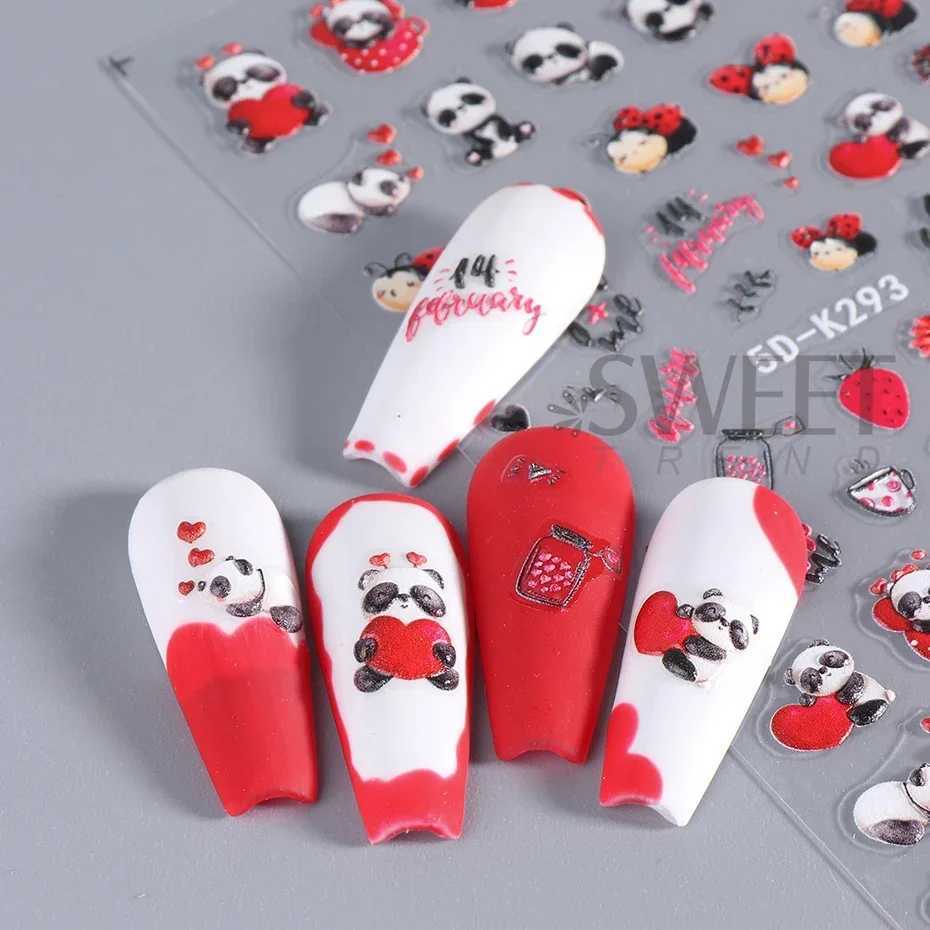 Cute Valentine Nail Stickers 5D Embossed Cartoon Panda Ladybug Doll Red Heart Letter I Love You Engraved Slider Nail Art DecorXJ250120