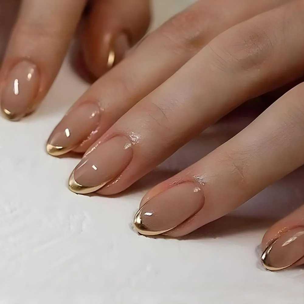 24Pcs Golden French Fake Nail with Almond Head Design Simple Oval False Nails Wearable Press on Nails Full Cover Nail TipsW250120