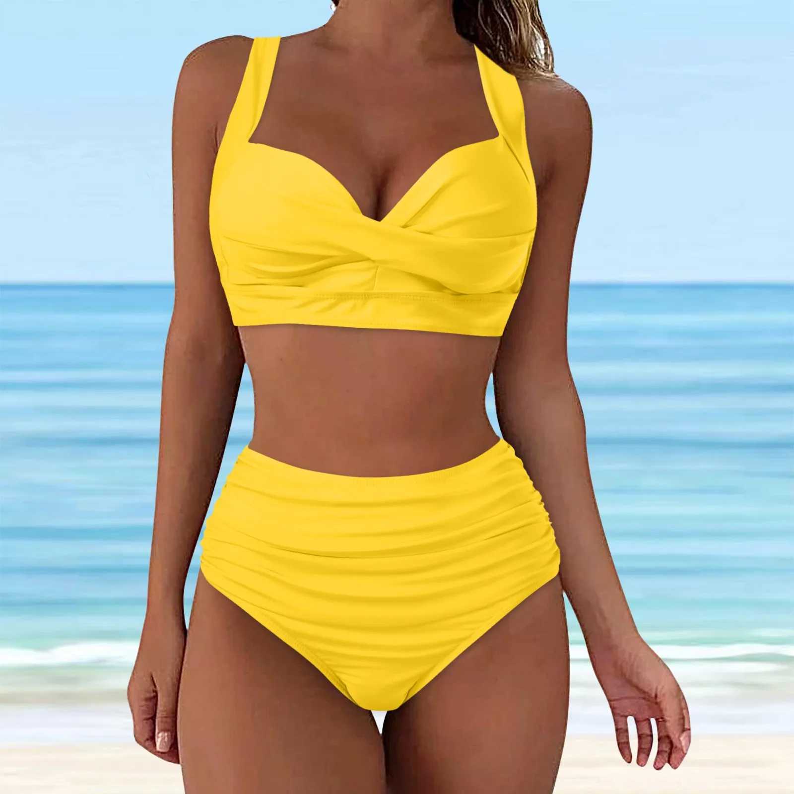 Swimwear 2023 Women High Waisted Bikini Push Up Two Piece Swimsuits Solid Color Bikini Set Brazlian SwimmingXJ250120