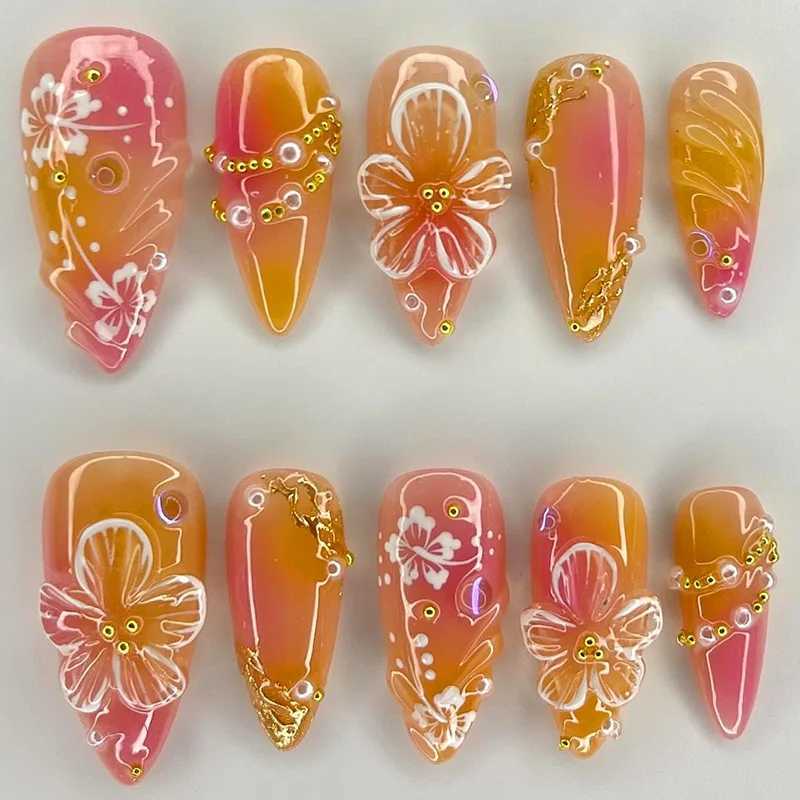 24pcs White Fake Nail Tips Ins Yellow Pink B False Nails Wearable Full Cover European Almond Shaped Press on NailsW250120