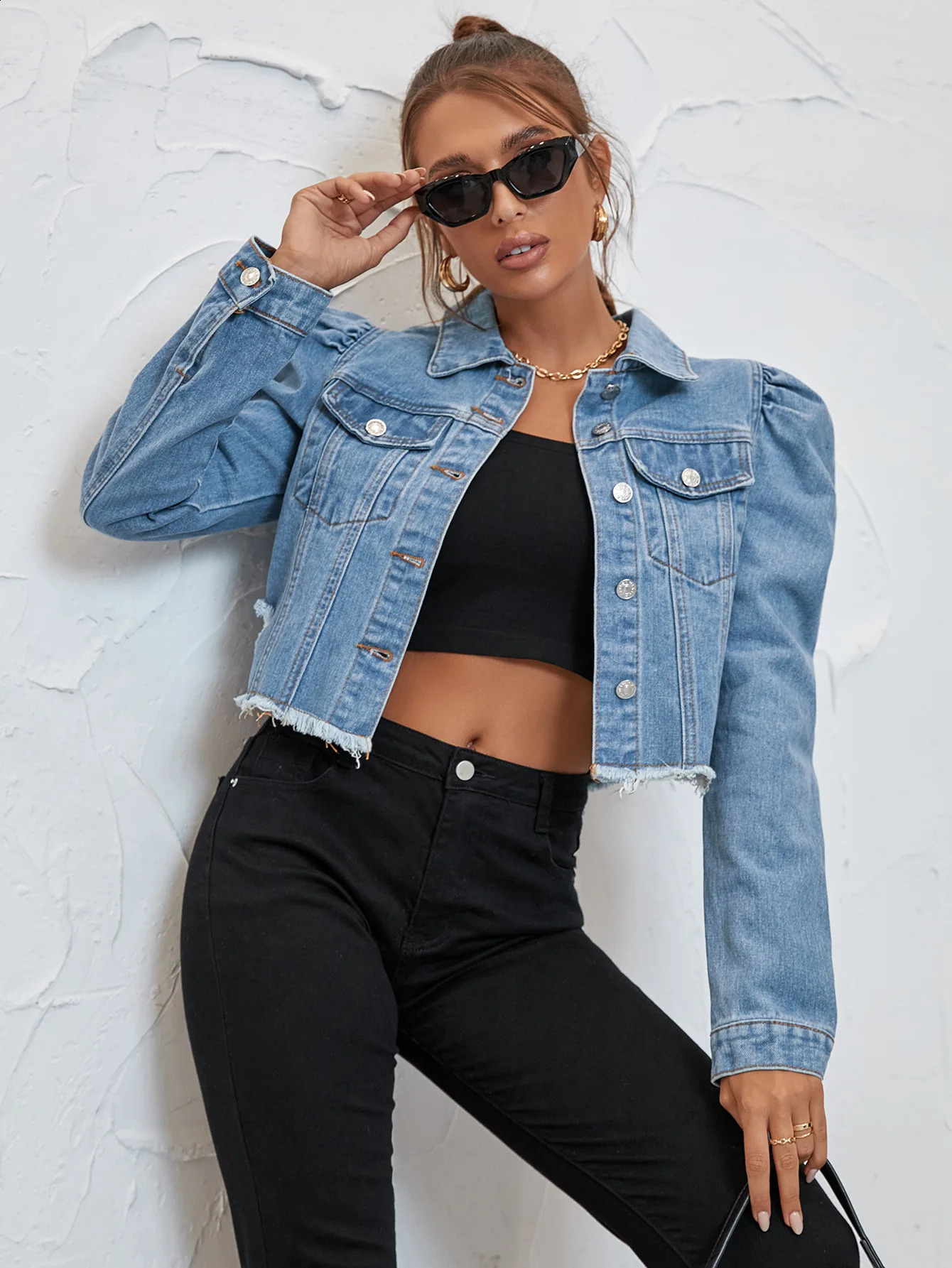 WomenS Jackets Autumn Winter Fashion Puff Sleeve Pockets Denim Jackets Streetwear Casual Lady Fringe Short Jean Coat Outwear 250122