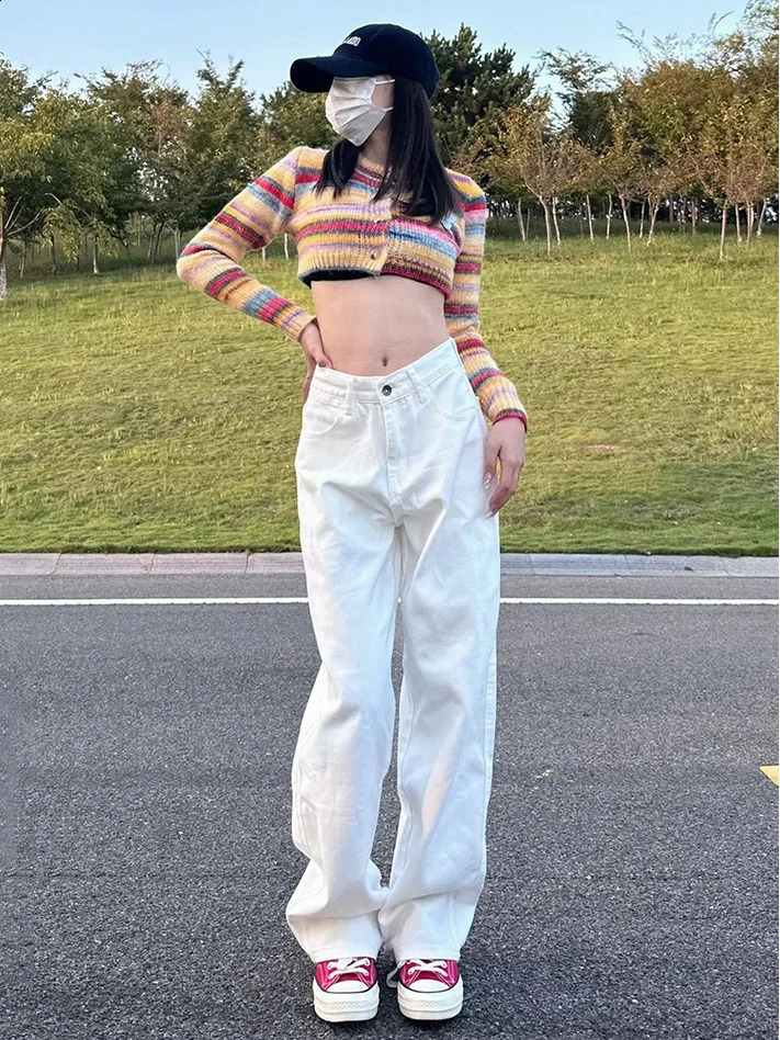 Office Ladys Fashionable Deeptown Y2k Wide Leg Cotton Jeans in White women jeans mom cargo pants 250122