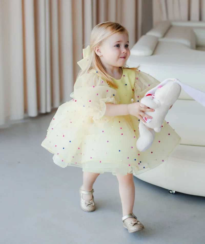 New Tailored Flower Girl Dress Puffy Sleeves with Big Bow Tiered Baby Girl Dress Toddler Tutu Outfit Christening Dress X250203