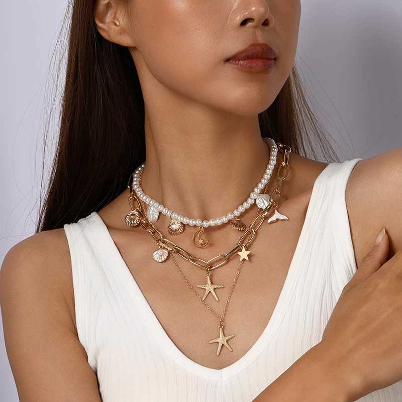 Fashion Muti-layers Imitation Pearl Necklaces for Women Summer Beach Starfish Shell Pendant Necklace Girls Vacation Jewelry GiftXJ250114