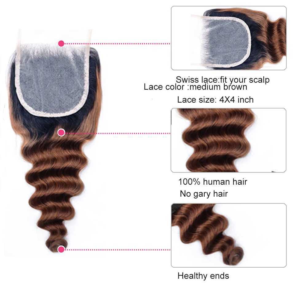 Ombre Loose Deep Bundles With Clo 1B Brown Human Hair With 4x4 Lace Clo Two tone Dark Root To Brown Brazilian Human HairXJ250120