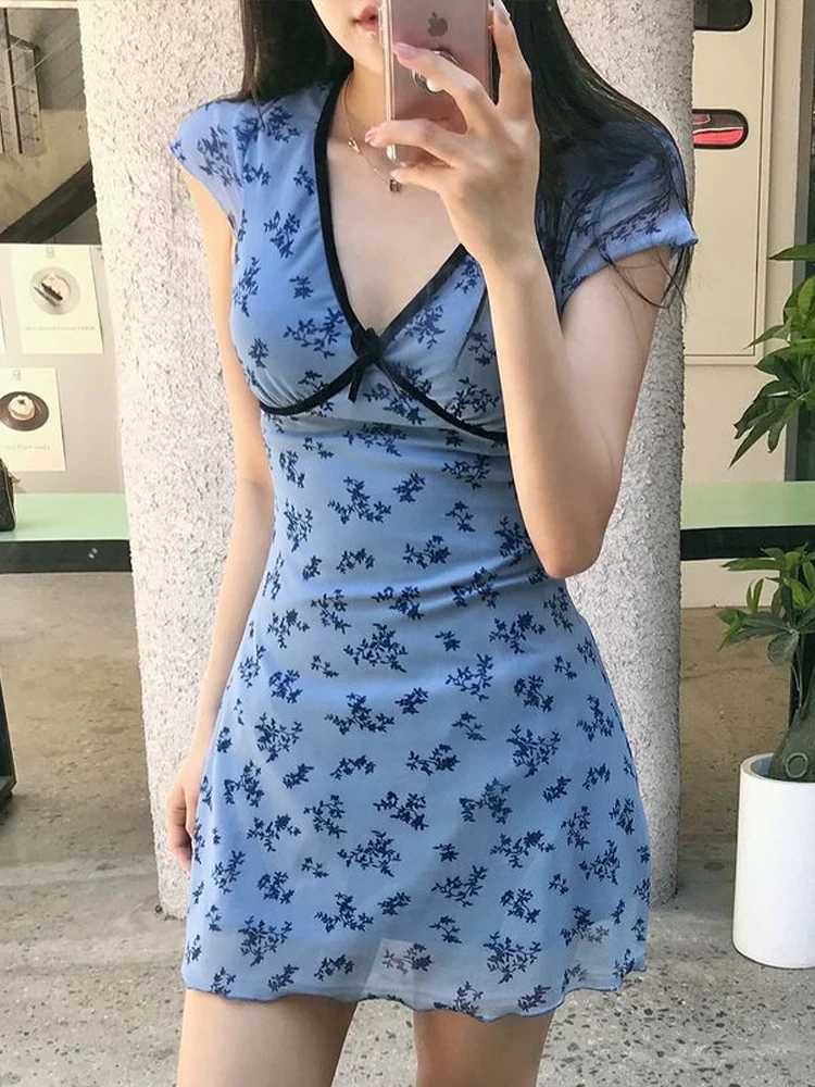 Sexy Mesh Womens Dresses Summer New Fashion V-Neck Bow Short Sve Blue Print Mini Dress Lady Ele Streetwear Knitted DressXJ250115