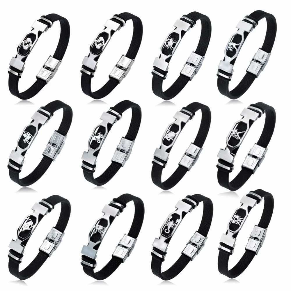 12 Constellation Stainless Steel Cuff Bracelet Men Women Zodiac Sign Black Leather Wrap Bracelet Jewelry Mens Bracelet W250121