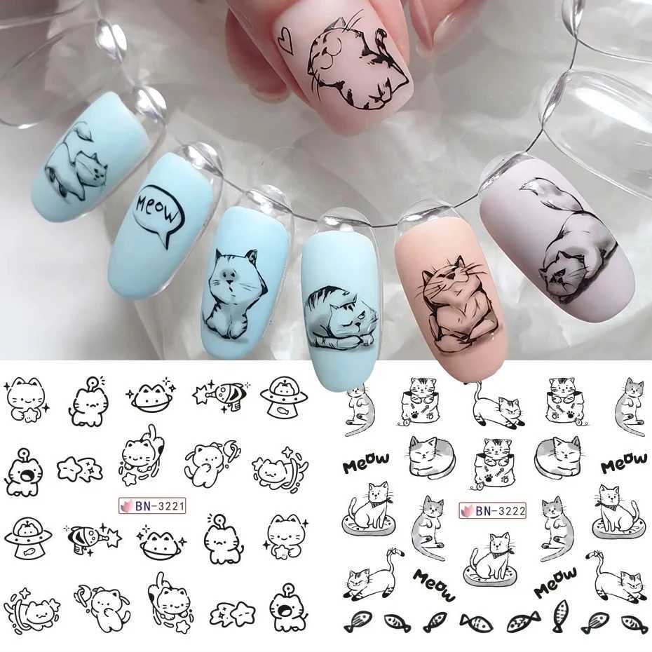 12 Designs Black Cat Nail Water Stickers Cute Kawaii Cartoon Nail Art Decals Watermark Transfer Sliders Manicure DecorationsXJ250120