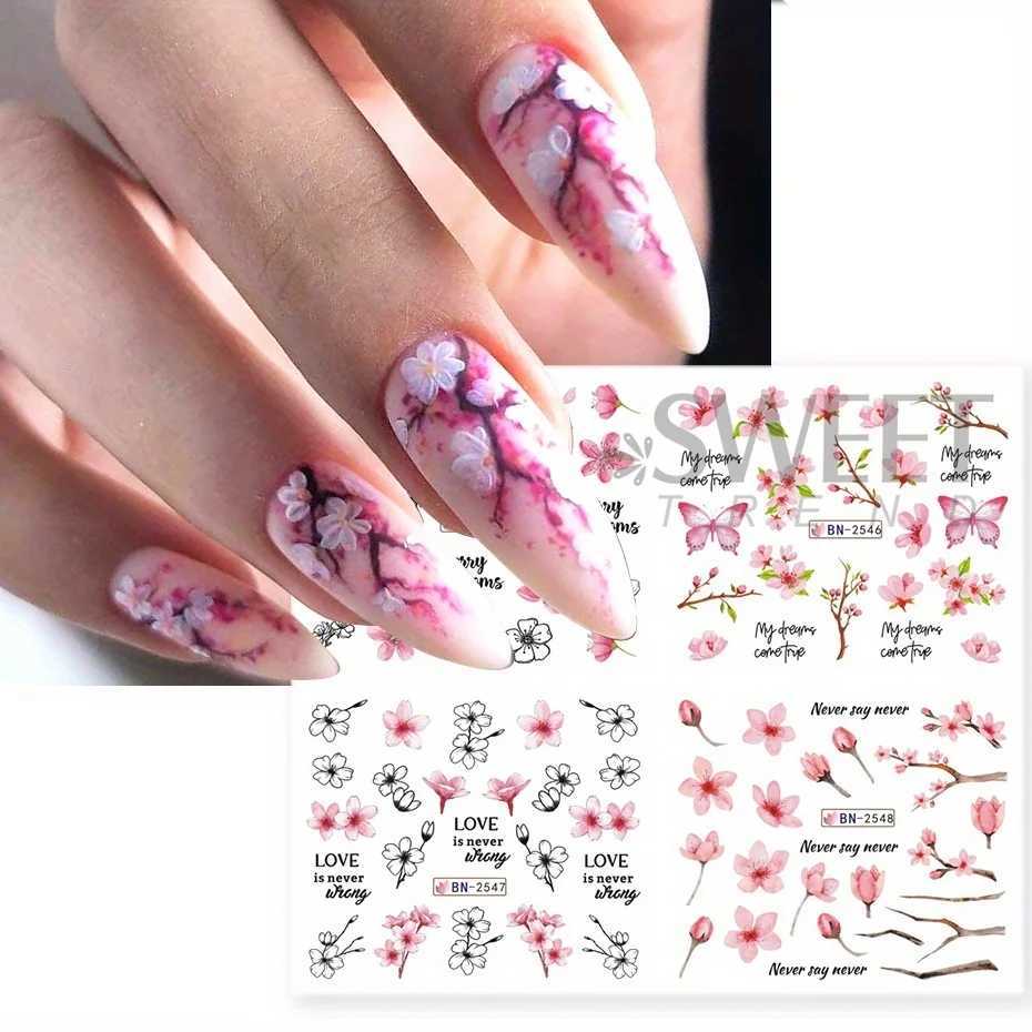 12pcs Pink Cherry Blossom Water Nail Sliders Winter New Year Sakura Floral Leaves Stickers DIY Charm Accessories Manicure DecorXJ250120