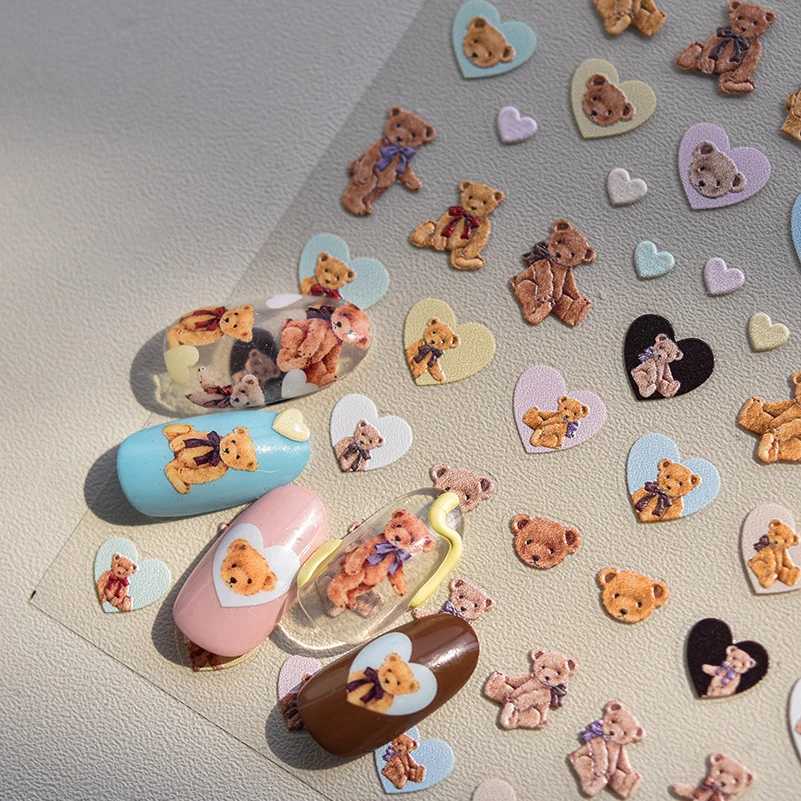 Cute Love Heart Bear Cream Cake Bread Flower Bowknot Cartoon Bunny Embossed Relief Self Adhesive Nail Art Sticker Manicure DecalXJ250120