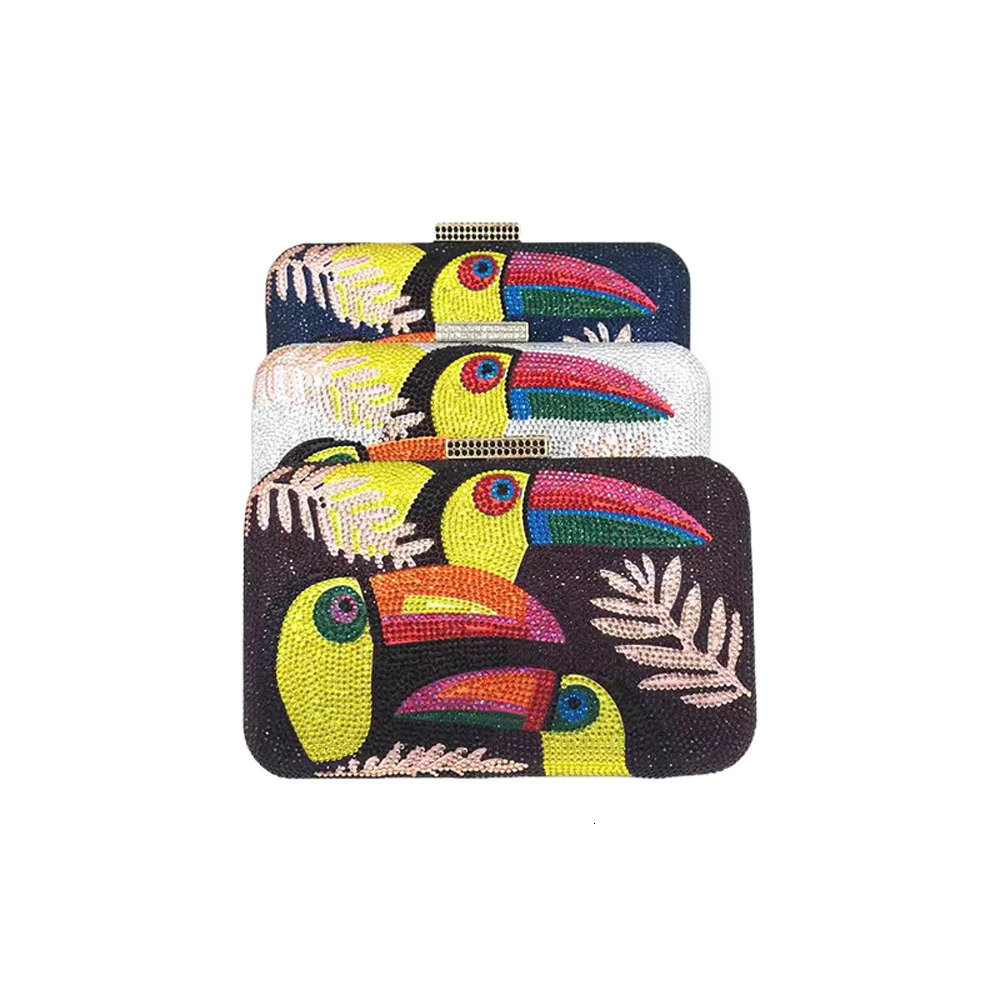Novelty Toucan Bird Women Crystal Evening Bags Rhies Box Minaudiere Clutch Party Tail Handbag Dia Chain Purse