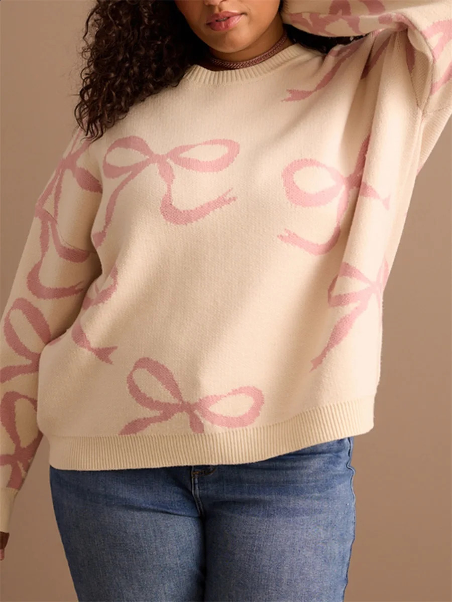 Sweet Cute Bow Sweater Fuzzy Long Sleeve Round Neck Pullover Sweater Tops Winter Fall Oversized Outerwear Y2K Vintage Jumper 250121