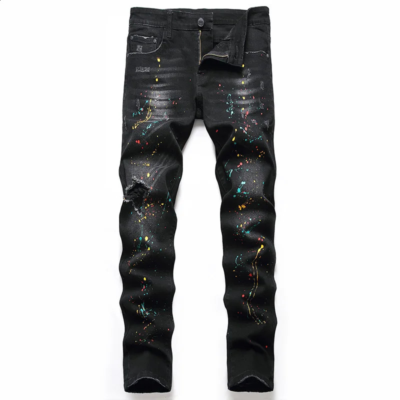Black Trousers Regular Version Hole Large Size Personality Trendy Pants European And American Jeans Denim mens Elastic 250120