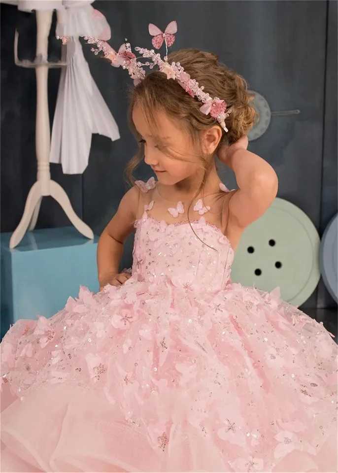 Pink Puffy Sleeveless Appliqu Flower Girl Dress Pretty Princess Dress First Communion Child Butterfly Childrens Clothing X250203