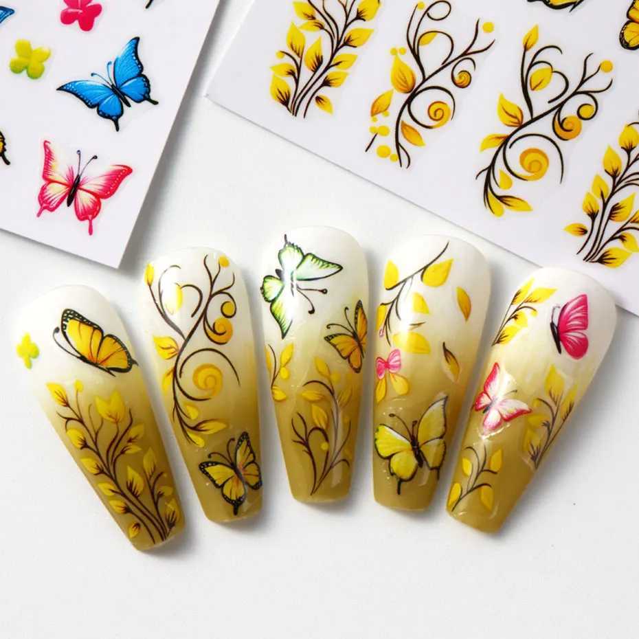 3D Fall Yellow Butterfly Nail Art Stickers Colorful Butterflies Design Adhesive Nail Decals Spring Flower Charms Manicure DecorXJ250120