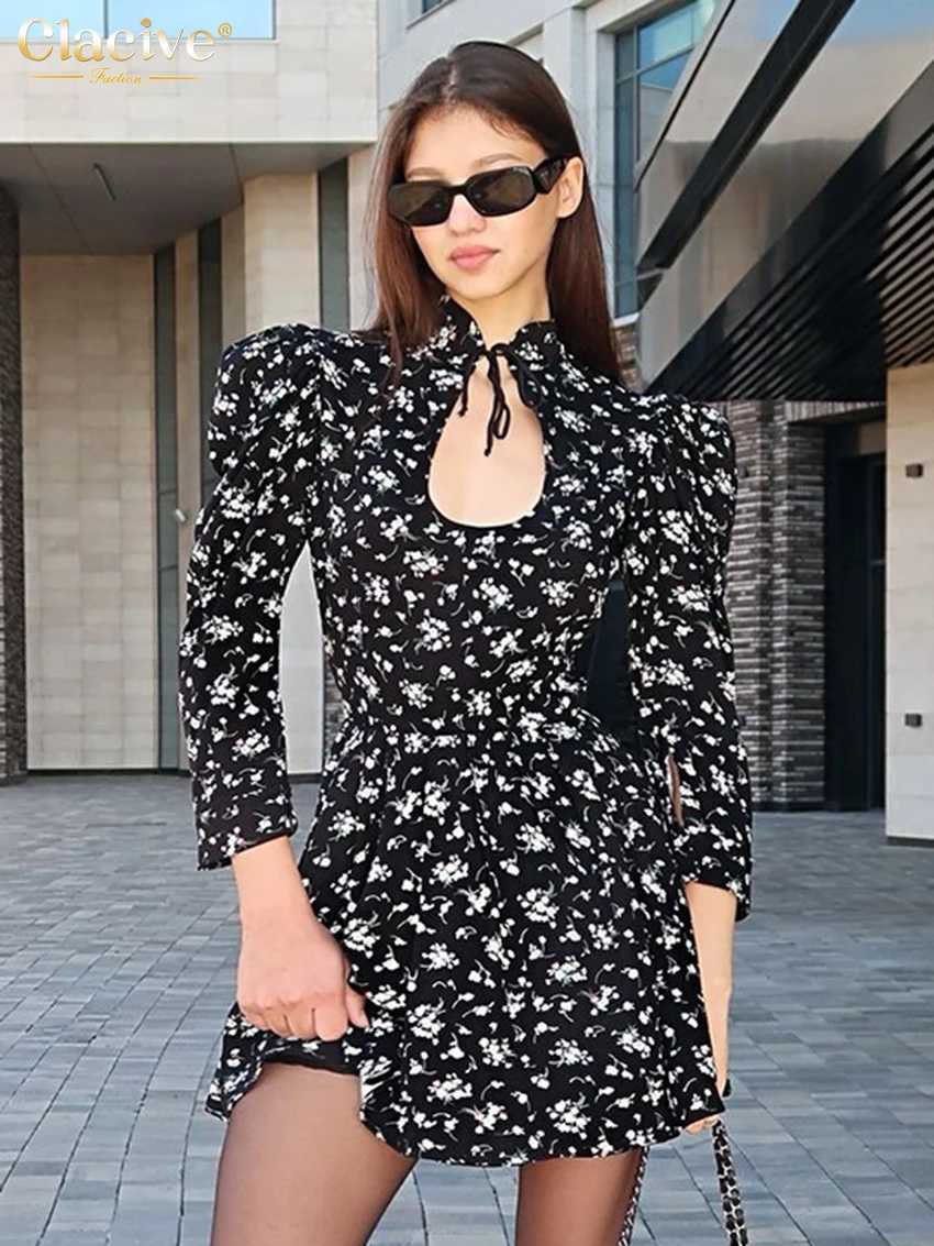 Clacive Fashion Slim Print Womens Dress Sexy Stand Collar Long Sve Mini Dresses Ele Classic Hollow Out Fe DressXJ250115