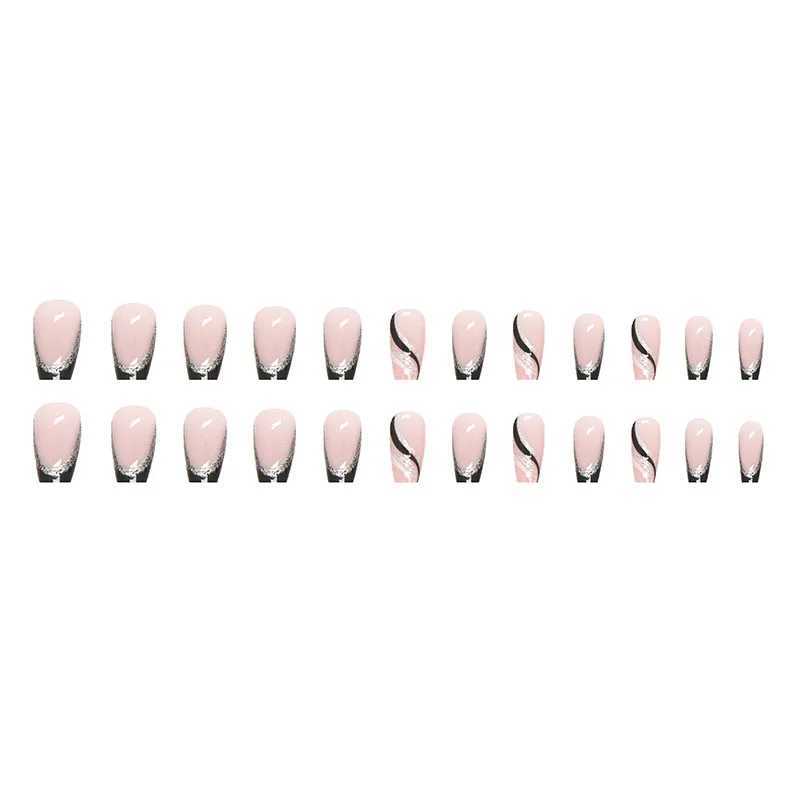 Black French 24 Pcs Press on Nails Pink Gradient Fake Nails Glossy Artificial Finger Manicure Reusable False Nails for WomenW250120