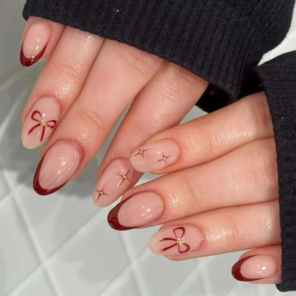 24pcs short oval French fake nails simple ins style bow sweet girl wind Mang star red edge French bright design fake nails whiW250120