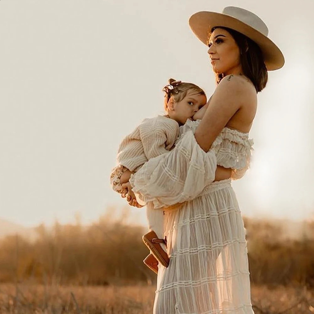 Maternity Gown For Po Shoot Pleated Chiffon Long Sleeve Off Shoulder Four Piece Boho Style Dress Pography Women 250114