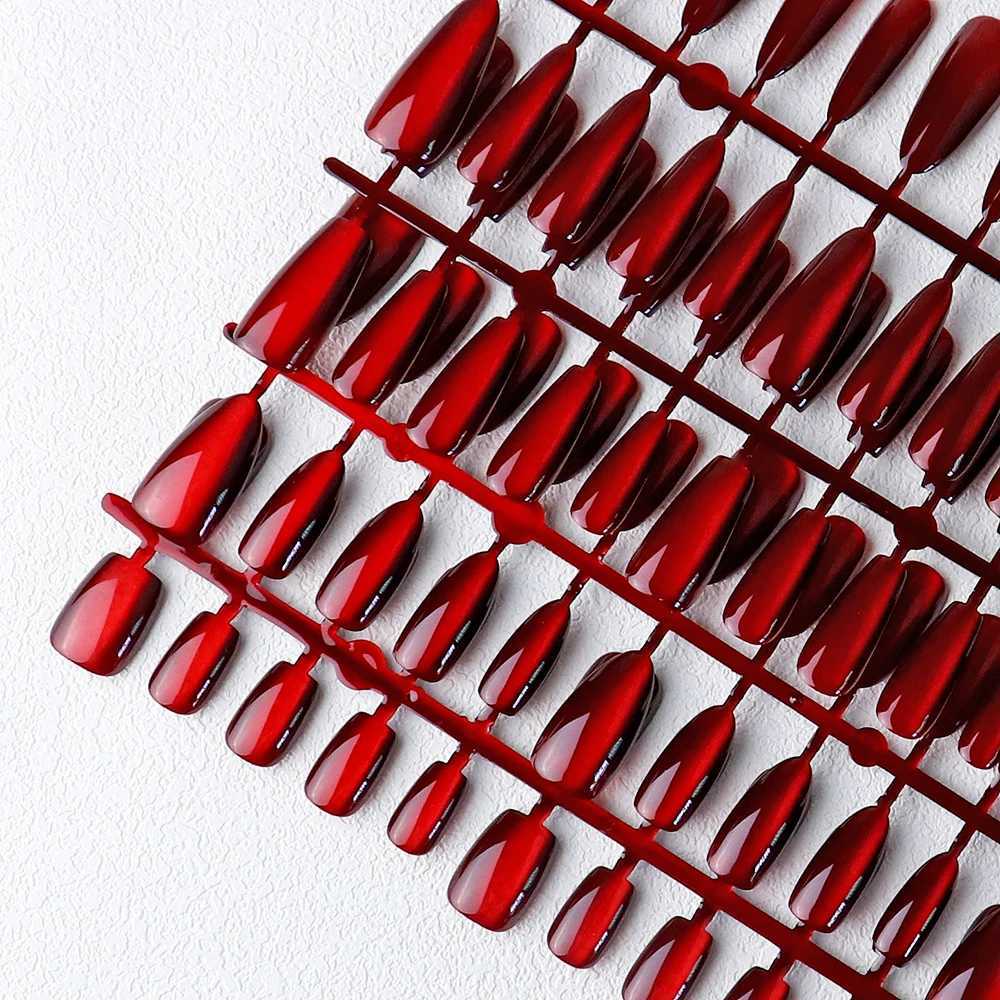 30 pcs Red Magnet Cat Eye Fake Nails Almond In Coffin Glossy False Nails Square Fake Nails Reusable Full Cover Nail TipsW250120