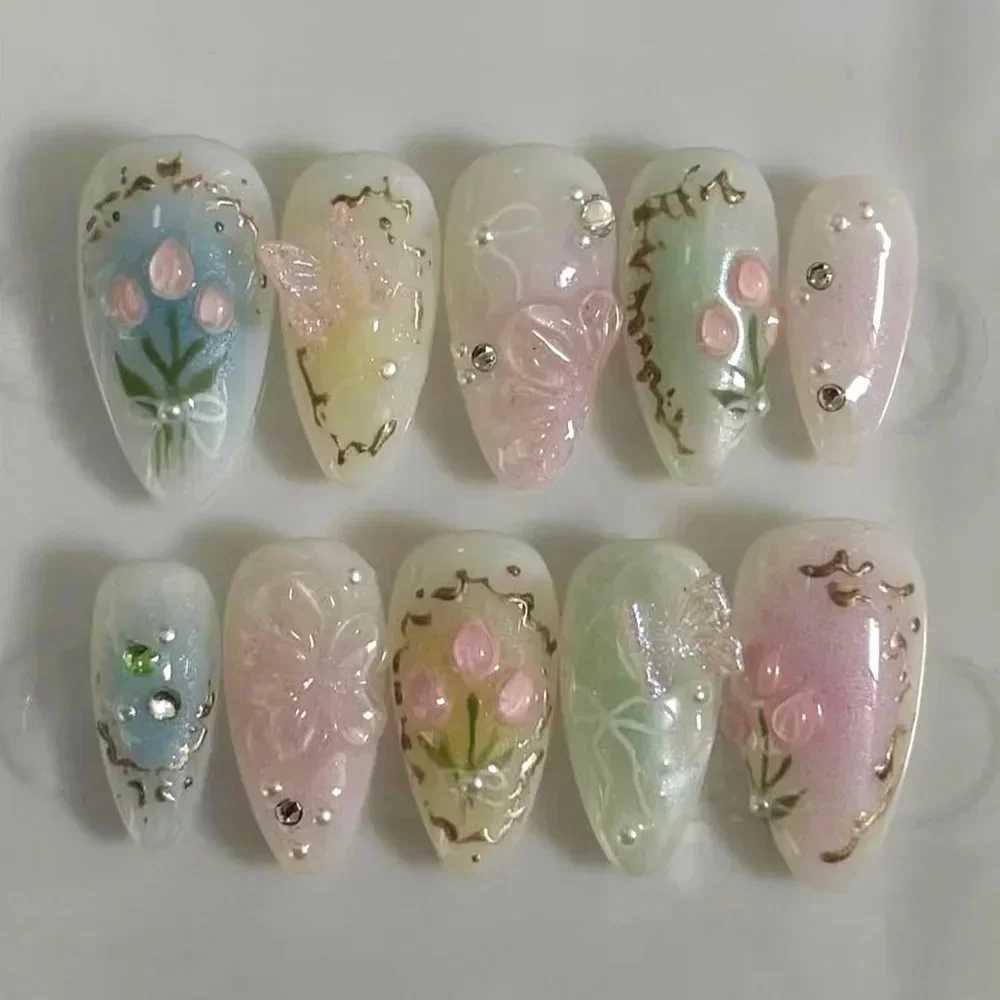 24pcs Detachable Almond bowknot French False Nails Stars Love Glitter Design Press on Nails Fake Nials DIY Manicure NailsW250120