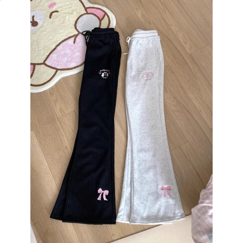 Embroidered Bows Y2k Grey Flare Pants Drawstring Harajuku Long Sports Pants High Waist Japanese Cute Mens Casual Pants 250122