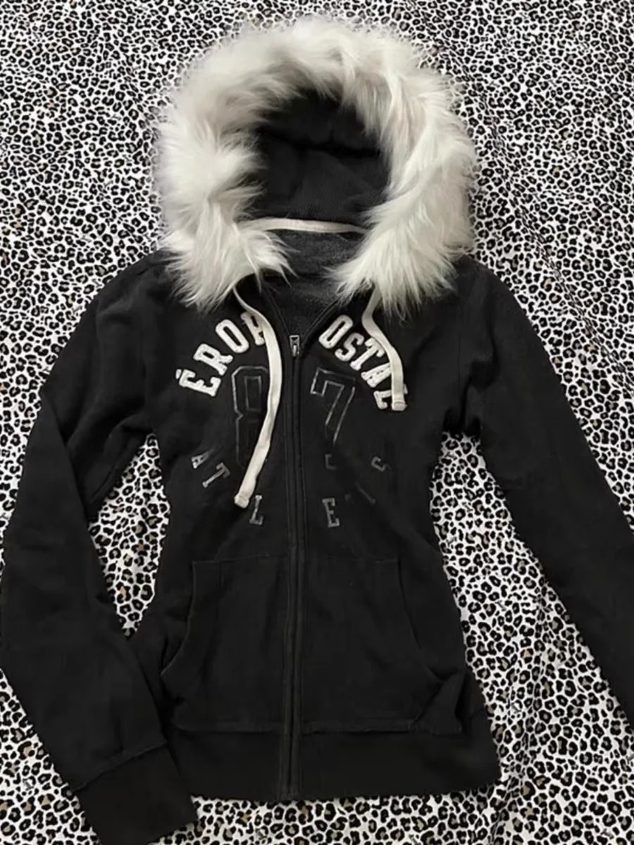 European and American Retro Coat Fur Collar Oversized Hoodie for Women Y2K Gothic Punk Zipper Sweatshirt for Women 250109