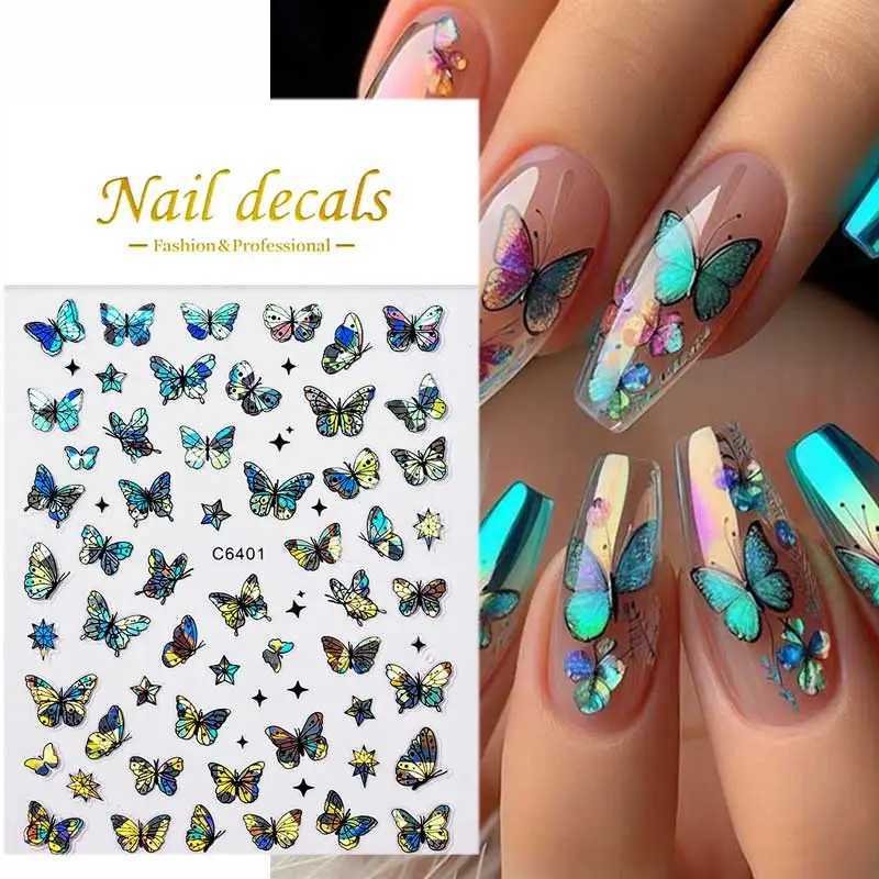 1pcs 3D Aurora Laser Butterfly Nail Art Stickers Shiny Holographic Butterflies Nail Decals 8*10cm Self-Adhesive Nail DecorationsXJ250120