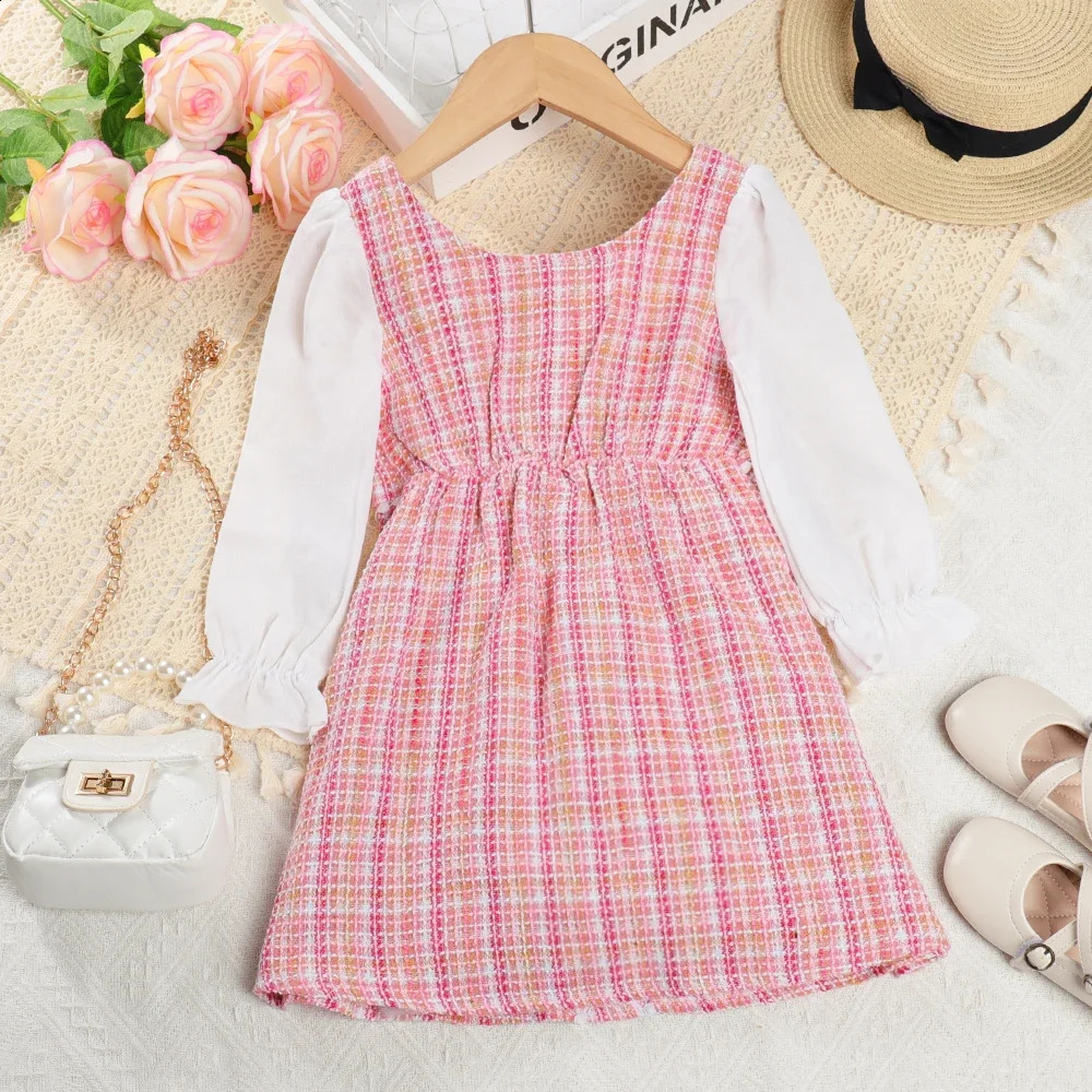 Menoea Girls Dress Autumn Round Neck Plaid Lace Button Long Sleeve Fashion Patchwork 250117