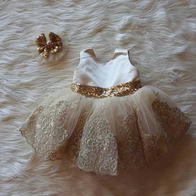 Golden Sequined Bow Infant Christening Gowns All 1 Year Baby Girl Birthday Dresses Infant Baptism Gown X250203