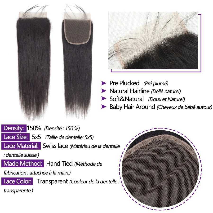 5X5 Lace Clo With 30 40 Inch Human Hair Bundles With Straight Brazilian Weave 3 Bundles With Clo Remy HairXJ250120