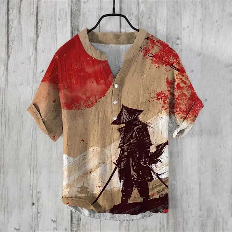2024 New 100% Linen Shirt HD Pattern Plus Size Crane Fish Landscape Painting Shirt Hawaiian Mens Linen V-neck Mens T-shirtXJ250121