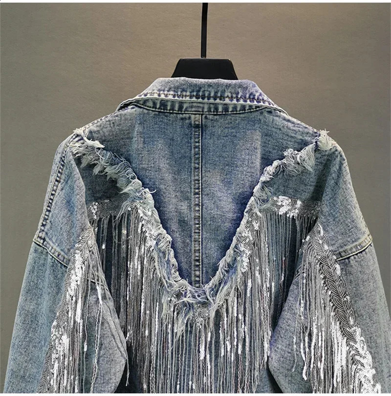 High Quality Denim Jackets Female Spring And Autumn Sequined Tassels Loose Streetwear Womens Outerwear Coats 250116